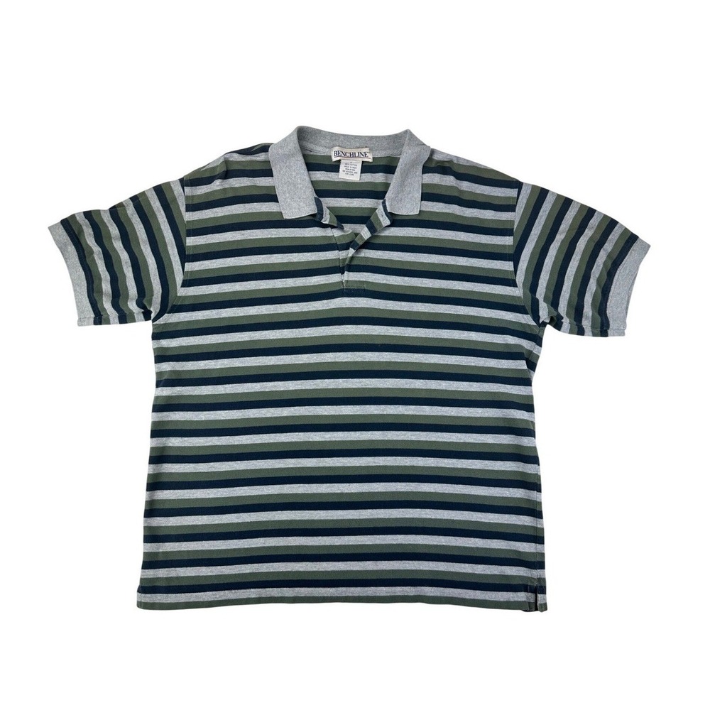 Benchline Polo Shirt Mens Large‎ Regular Grey Green Striped Short Sleeve Cotton